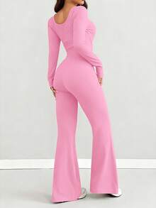 AiTyi 女士连体裤，休闲时尚性感优雅 U 领修身户外运动百搭款，适合毕业典礼、圣诞节、新年、感恩节、秋冬季弹力针织长袖喇叭裤连体裤，粉色春季修身款 - 粉色 - 查看 3
