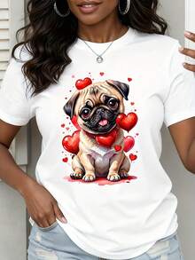 Cute Pug Dog With Hearts Valentine Theme T Shirt For Women - 白色 - 查看 1