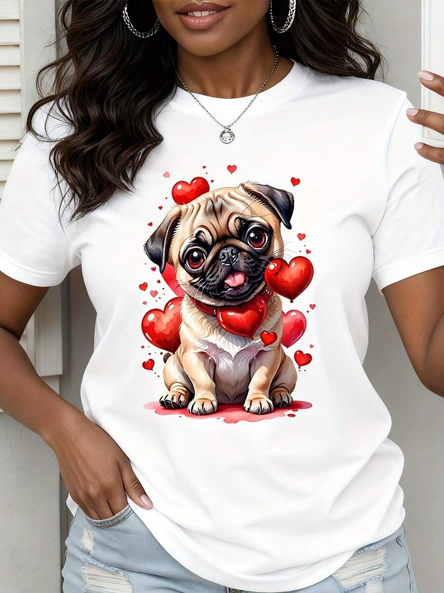 Cute Pug Dog With Hearts Valentine Theme T Shirt For Women - 白色 - 查看 1