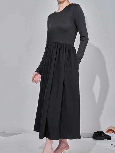 AuroraSilk 女士纯色口袋长袖连衣裙，简约时尚休闲日常穿着，全新秋冬系列，非常适合圣诞节和新年穿着。