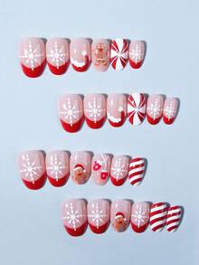 Christmas 24pcs Short Oval Gingerbread Men And Candy Canes Design Acrylic Press On Nails Short Fit Perfectly False Nail Set, Contain 1pc Jelly Glue And 1pc Nail File,Christmas Nails Make Your Fingertips Shine And Beautiful, Very Suitable For Parties, Dancing And Daily Wear