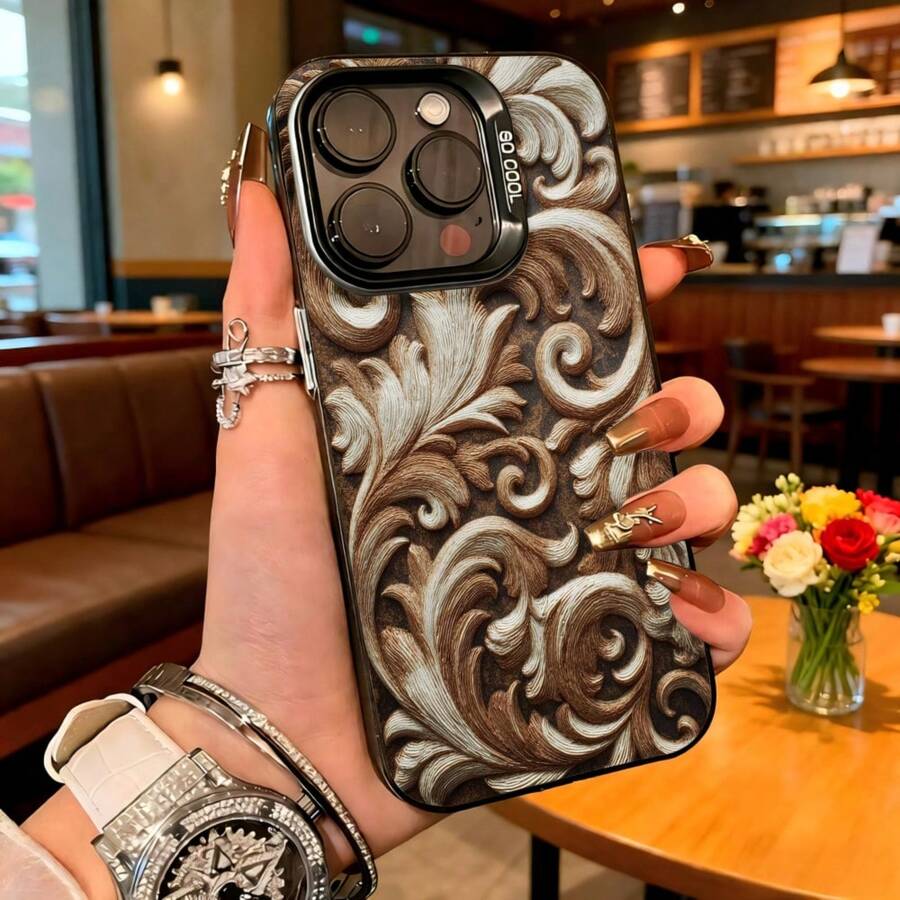 Cubierta de telefono con diseño barroco elegante en tonos marrones y blancos para iPhone 14 Pro Max funda protectora con estampado floral vintage ideal para uso diario en cafeterias y eventos sociales - Negro - Ver 1