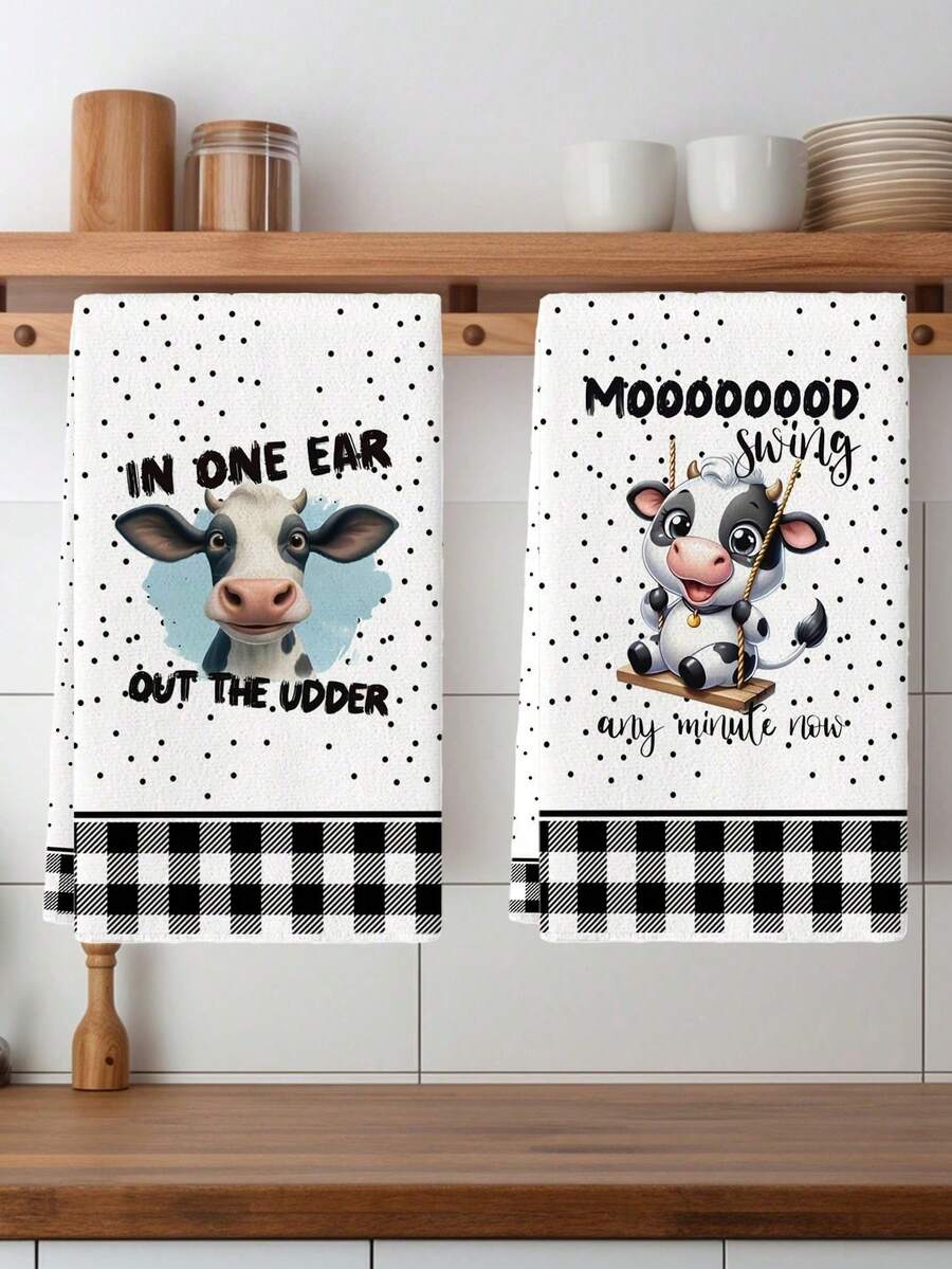 2 Pcs Contemporary Microfiber Dish Towels - Cartoon Cow Farm Theme Absorbent Fade Resistant Knit Fabric Machine Washable Oblong Tea Towels Practical Hand Towels For Kitchen Cooking Baking Daily Cleaning Perfect Housewarming Birthday Gifts For Family Friends Farmhouse Decor Lovers - White - View 1