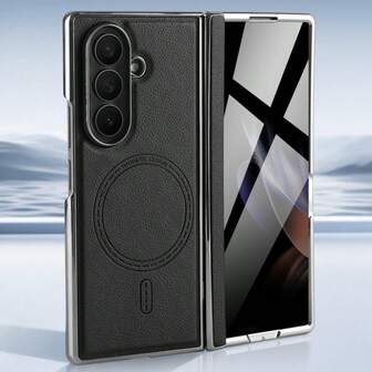 Aunote 1pc Black/Brown Luxury Litchi Grain PU Leather Magnetic Auto-Retractable Folding Phone Case, Electroplated Frame, Auto-Retractable Hinge Protection, 2-In-1 Electroplated PC Frame & Tempered Glass Screen Protector, Strong Magnetic Suction Support Wireless Charging, Car Mount, Suitable For Samsung Galaxy Z Fold7, Unisex Gift