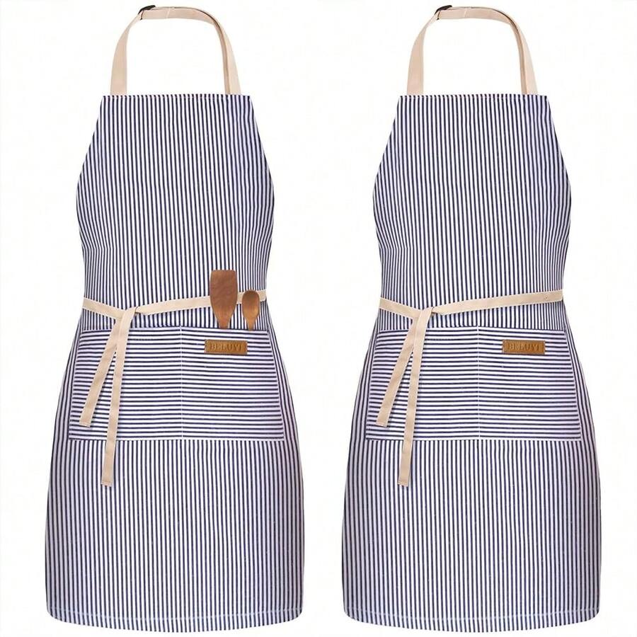 2 Pack Adjustable Bib Apron With 2 Pockets Chef CooFKing Kitchen Restaurant Aprons For Women Men,BluePinstripes - 藍條紋 - 查看 1