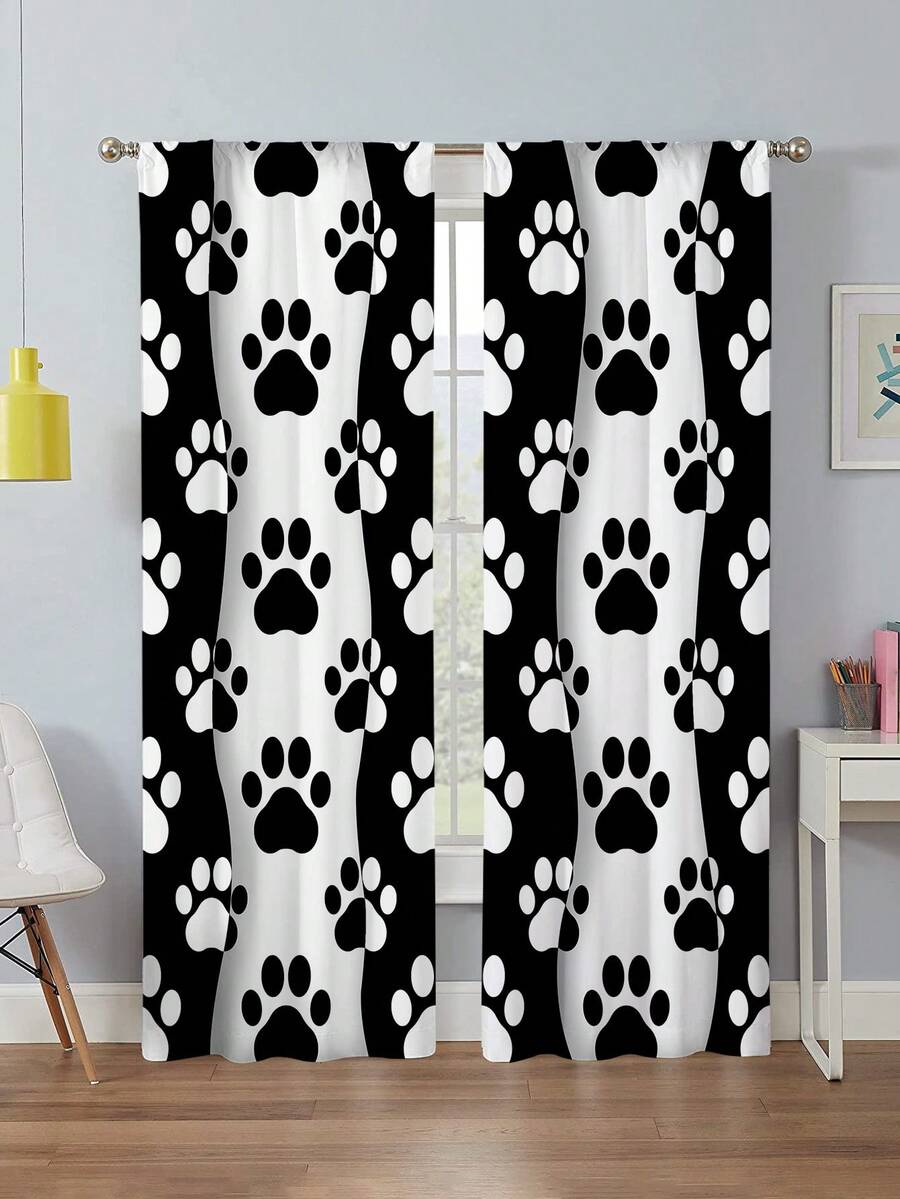 2pcs Art Deco Style Dog Paw Print Pattern Doorway Curtains,Without Holes Curtain,Refer To Bedroom Office Kitchen Living Room Study Home Decor - Multicolor - View 1
