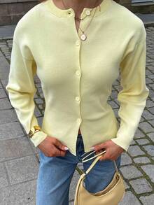 Live To Mo Fspring Break Outfits Butter Yellow Cardigan With Long Sleeves And Buttons, Casual Y2K Style. Perfect For Valentine's Day, Going Out Tops Women And Daily Wear. - Yellow - View 8
