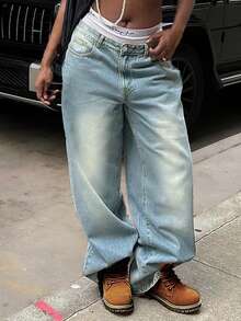 大码女式中腰水洗牛仔裤，复古做旧无弹力牛仔裤 - 藍色 - 查看 2