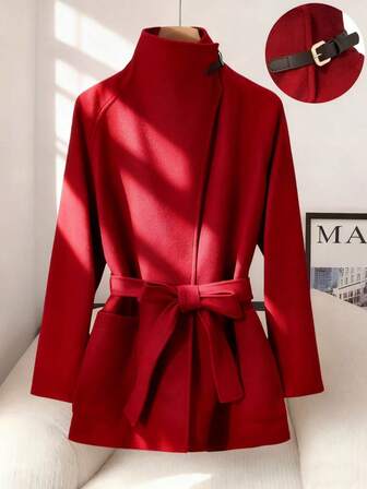 Red High Collar Waist Cinched Leather Button French Elegant Christmas New Year Party Fitted Women Overcoat, Autumn/Winter