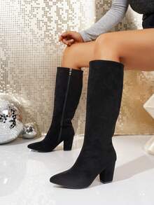 Women's Fashion Minimalist Pointed Toe Mid-Calf Boots, Chunky Heel Western Style Boots