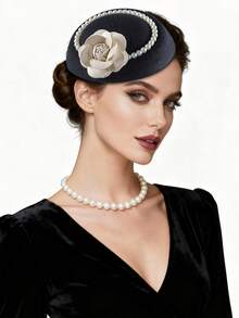 1pc Fascinators Hats For Women Tea Party Hat Kentucky Fascinator Derby Flower Pearl Pillbox Hat For Bridal Wedding, Tiny Hats, Mini Cap, Mini Fascinator - Multicolor - View 3