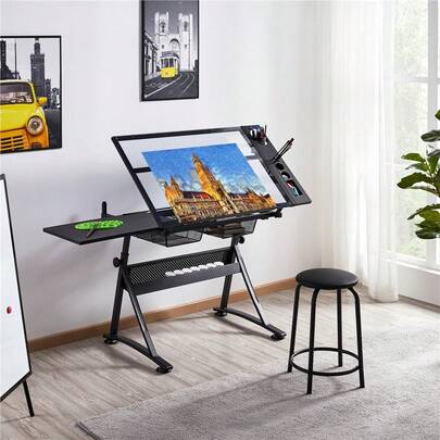 Butterslay Height Adjustable Drafting Table And Stool Set With 2 Drawers, Drawing Desk With Tilting Tempered Glass Tabletop, 0-40° Tilting Angle