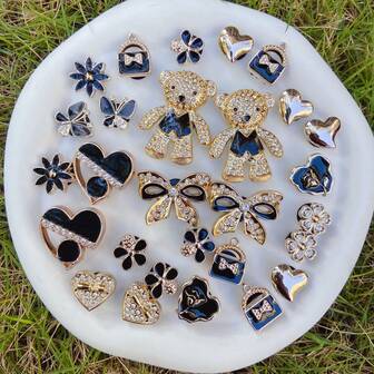 28pcs Black Bear Mask Detachable Shoe Decorations, Including Heart, Baby, Flower Shoe Charms, Suitable For Garden Shoes, Sandals, Beach Shoes And Other Shoe Accessories, Holiday Gift