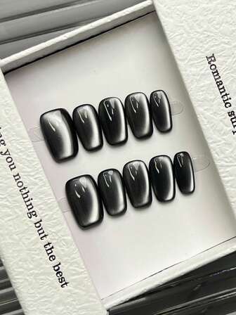 10pcs Handmade Nails Oval Square Nails Acrylic Press On Nails Short Medium, Minimalism Black Nails, Silver Flashy Cateye, Simple Elegant Luxury Handcrafted Nails Autumn Nails, Fall Press On Nails, Cute Aesthetic, Versatile Nails DIY False Nail Art Party Daily & Dating Use Beach Tropical Getaway Suitable Reusable, For Women & Girls As Gift Nail Supplies