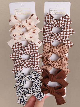 Set de 10 pinzas para el cabello con lazos de tela con estampado de lunares y cuadros para niñas, pinzas lindas para el flequillo lateral, accesorios para el cabello para uso diario