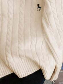 Autumn/Winter Casual Embroidered Crew Neck Cable Knit Sweater For Women, New Loose Cardigan Knitwear - Apricot - View 4