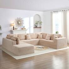 Puremind 136''U-Shape Upholstered Couch, Modular Sectional Sofa Couch,Modern Minimalist Couches,Deep Seat Corner Couch With Movable Ottoman,Beige - 米色 - 查看 3