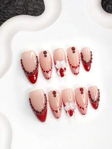 10pcs/Set Minimalist Valentine's Day Nail Art Kit, Including Shiny Red Rhinestone Nail Stickers, Hand-Painted French Fake Nails, Shiny Heart Nail Stickers, Flowing Bow Nail Decorations, Pink Nail Polish, Red Gel Nail Polish, 3 Sizes Available: Almond, Duck Mouth, Coffin Shape, Comes With Nail Tools, Suitable For Parties, Valentine's Day, Casual Wear, Great Gift - Nhiều màu - Xem 17