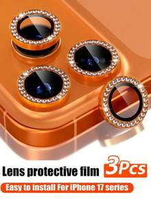 3片装彩色水钻相机镜头保护膜，兼容苹果17/17Air/17pro/17promax/16/16pro/16plus/16promax/16 14 Pro 6.1英寸/14 Pro Max 6.7英寸，镶嵌人造钻石闪亮相机盖钢化玻璃，兼容苹果14 Pro Max/14 Pro/15/15Promax/15Pro [完美贴合] - 人造钻石多色，适用于日常防护、办公、家庭使用，手机相机盖闪亮水晶防水防震防摔防刮。 - 橘色 - 查看 11
