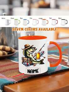 Personalized Fishing Mug With Customizable Name And Text, Fun Jumping Fish Pattern, Insulated Ceramic Coffee Cup With Black Handle, 7 Colors Available, Dishwasher Compatible, Mugs For Men - Multicolor - View 4