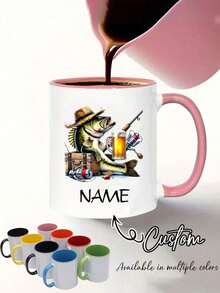Personalized Fishing Mug With Customizable Name And Text, Fun Jumping Fish Pattern, Insulated Ceramic Coffee Cup With Black Handle, 7 Colors Available, Dishwasher Compatible, Mugs For Men - Multicolor - View 2