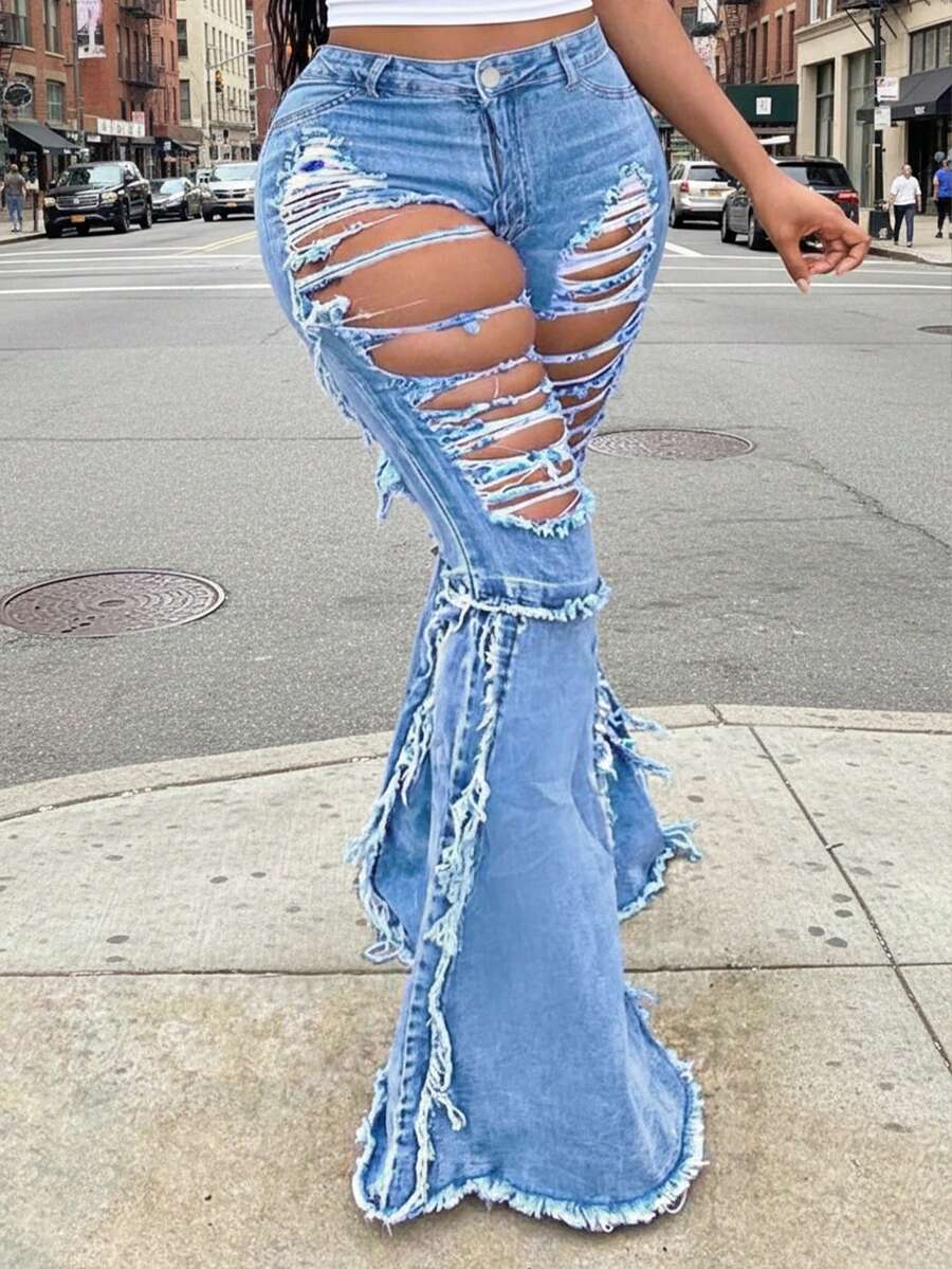 Distressed Flare Jeans, Punk Rock Style, Suitable For Halloween Outfit - Blue - View 1
