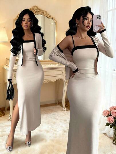 Elegant Contrasting Women's Thin Coat With Suspender Dress Two Pieces Set, Suitable For Commuting, Family Banquets, Casual And Elegant Daily Wear For Women