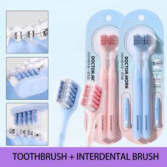 2 cepillos de dientes + 2 cepillos interdentales - Cepillo de dientes suave cóncavo para adultos - Limpia eficazmente las manchas rebeldes, 2 colores