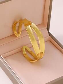 2pcs/Set Stainless Steel Gold Hollow Bangle Bracelets, Personalized Metal Open Cuff Bracelets For Women, Suitable For Daily Wear, Dates, Parties - Yellow Gold - View 3