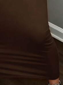 EARO 欧美ins风女装纯色性感紧身长裙，春秋新品，美式爆米花休闲日常时尚优雅高腰松紧腰A字修身裙 - 棕色 - 查看 3