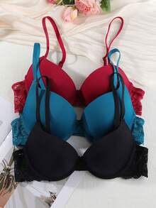 3pcs Lace Contrast Color Elegant Lightweight Padded Underwire Bra Set - Multicolor - View 4