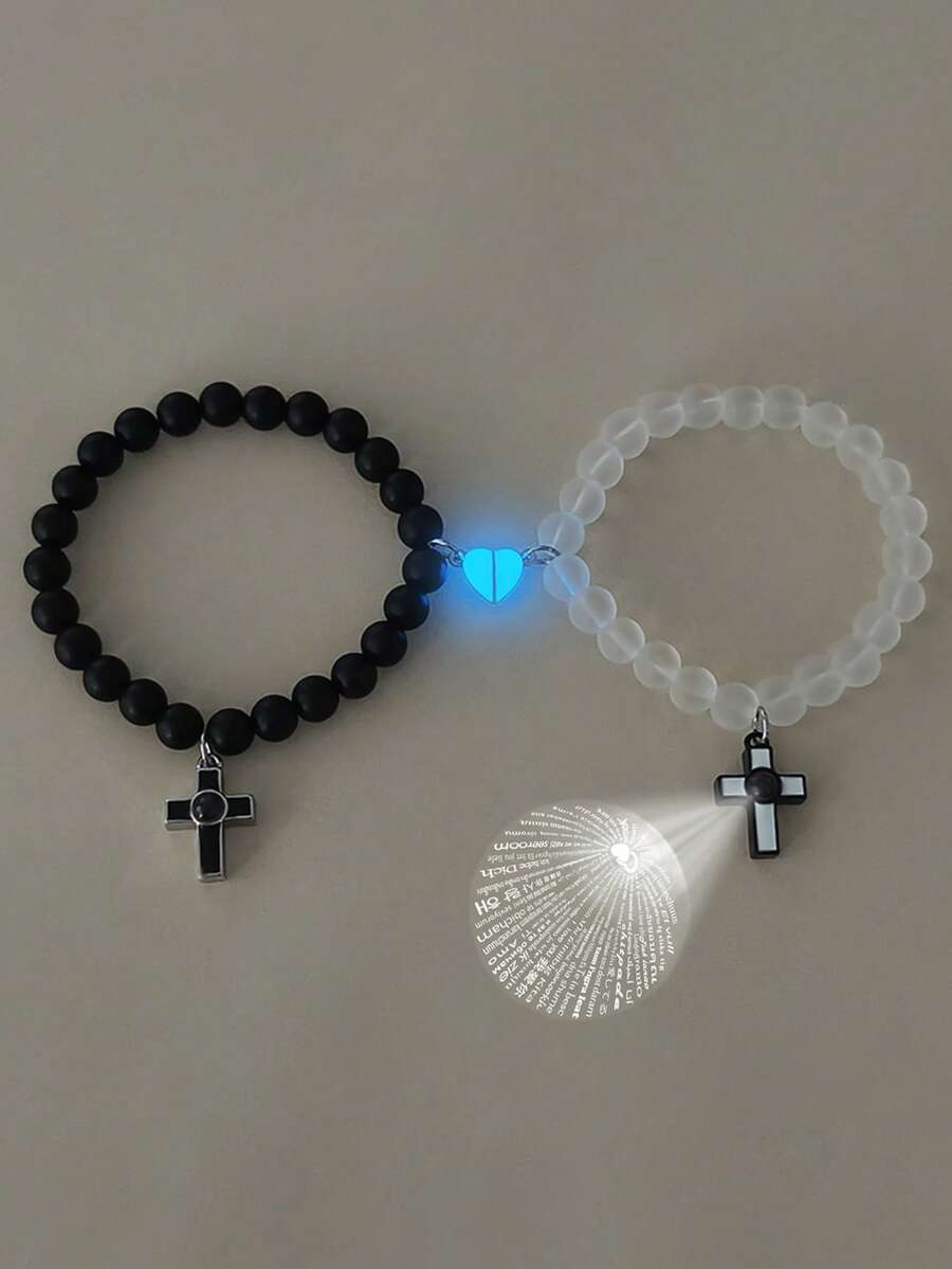 ATLVXJL 2pcs/Set Glow-In-The-Dark Heart, Cross Projection Bead Couple Bracelets, Casual Jewelry Suitable For Daily Wear And Holiday Gift - Multicolor - View 1