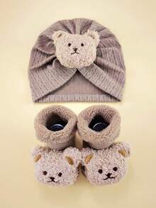 2件套新生儿冬季卡通发带帽+袜子套装，0-6个月宝宝高弹力帽子，柔软包裹帽和加厚袜子组合婴儿头饰套装 - 彩色 - 查看 9