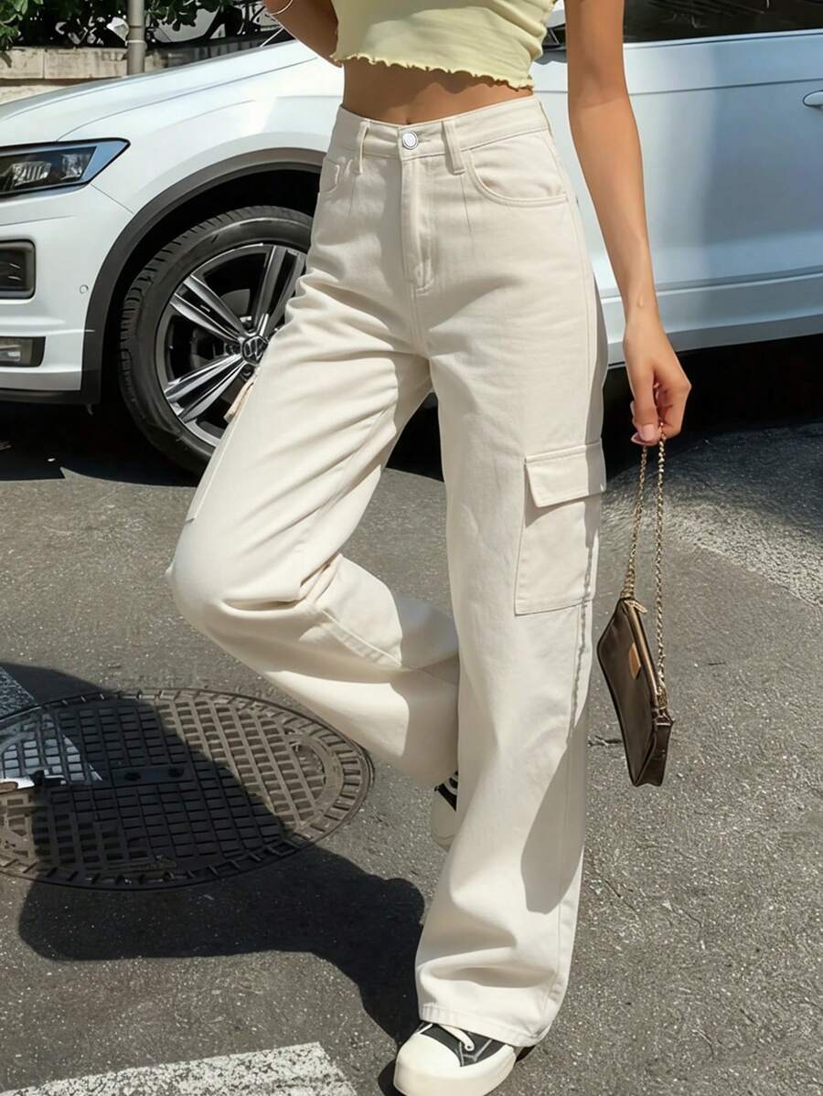 Women's Vintage Casual Solid Color Side Pockets Y2K Straight Leg Cargo Pants, Retro Street Multi-Pocket Straight Leg Trousers - Beige - View 1