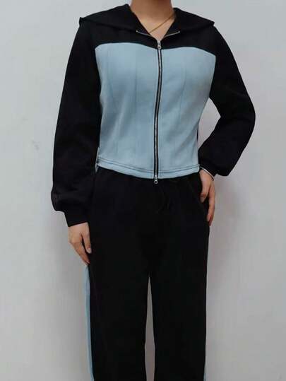 Ensemble deux pièces Sweat-shirt à capuche zippé et pantalon casual blocs de couleurs, convient pour l'école, le bureau, le port quotidien, l'aéroport, le printemps/automne