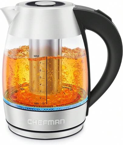 Chefman Tetera Con Jarra De Cristal |   Hervidor EléCtrico De 1.8 Litros |   Base De 360 Grados |   Acero Inoxidable