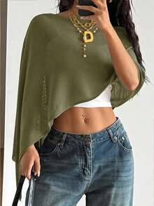 Women's Asymmetric Shawl Collar Y2K Style Batwing Sleeve Cropped Knit Top, Lightweight Sheer Pullover Sweater For Beach, Vacation, Autumn - Green - View 3