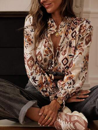 Bohemian-Style Floral Shirt With Ruffled Collar And Gathered Cuffs, Breathable, Skin-Friendly, And Textured - Suitable For Shopping, Daily Commuting, Weekend Cafe-Hopping, Casual Outings, Or Gathering With Friends