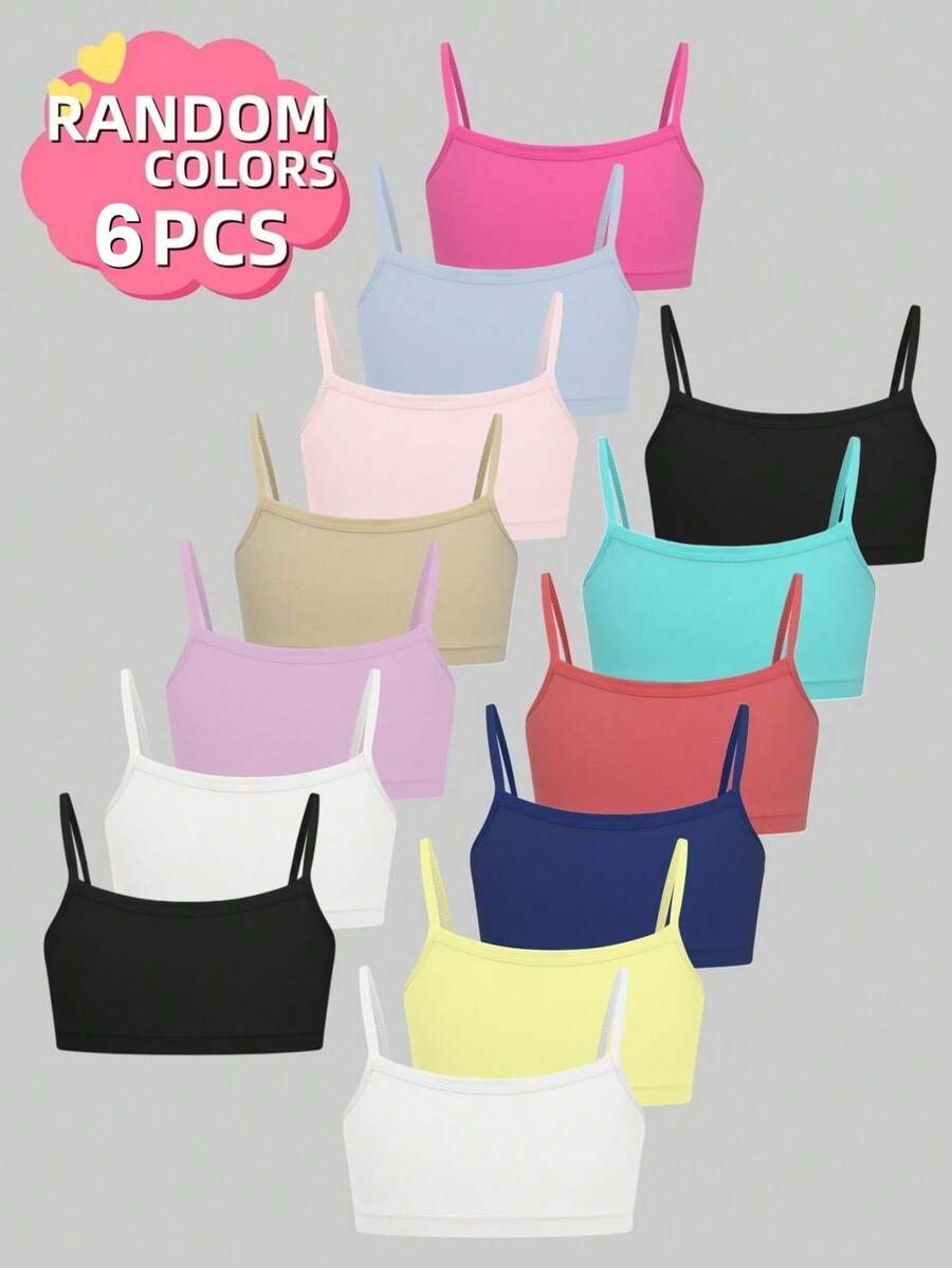 6pcs Random Color Girls Casual Comfortable Single Layer Camisole Bras, Solid Color Minimalist Sweet Teenager Seamless Breathable Sports Bras