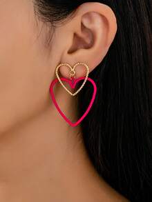 2件套情人节双层扭纹心形耳环，适合女性佩戴，可作为节日礼物、日常佩戴和约会饰品。 - 雙層愛心 - 查看 3