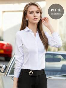 Petite Women White Long Sleeve Shirt, Professional Work Wear Blouse With Hidden Buttons, Spring/Autumn - White - View 13