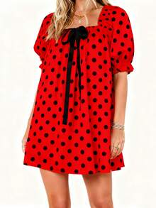 Women's Polka Dot Mini Dress Loose Bow Square Neck Puff Sleeve Short Dress For Daily/Travel - Nền đỏ có chấm bi đen - Xem 2