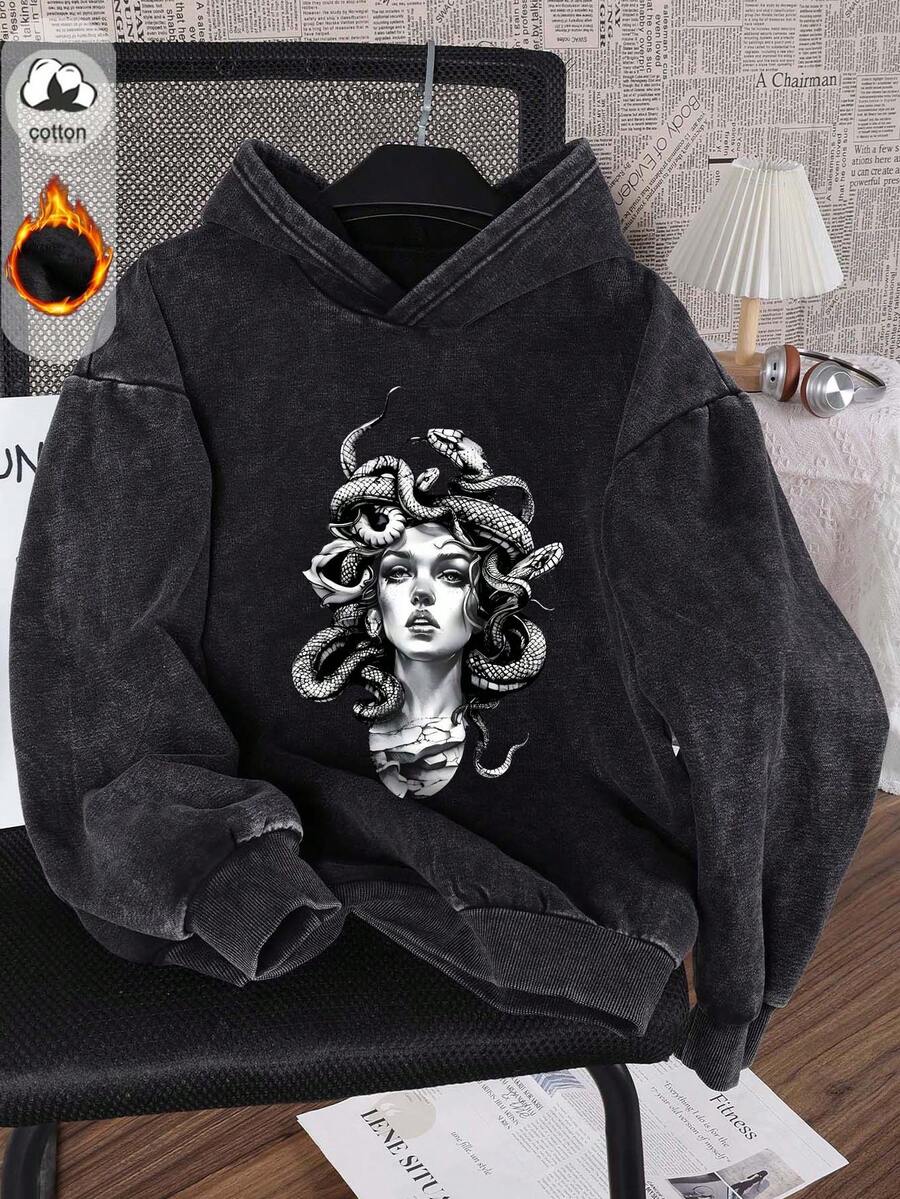 Áo sweatshirt nữ Es Trus Cotton, kiểu dáng thường ngày thu đông, họa tiết Medusa, phong cách đường phố cổ điển Hàn Quốc, thoải mái, dễ phối đồ, phong cách Y2K Punk, dáng ôm, màu đen bạc.