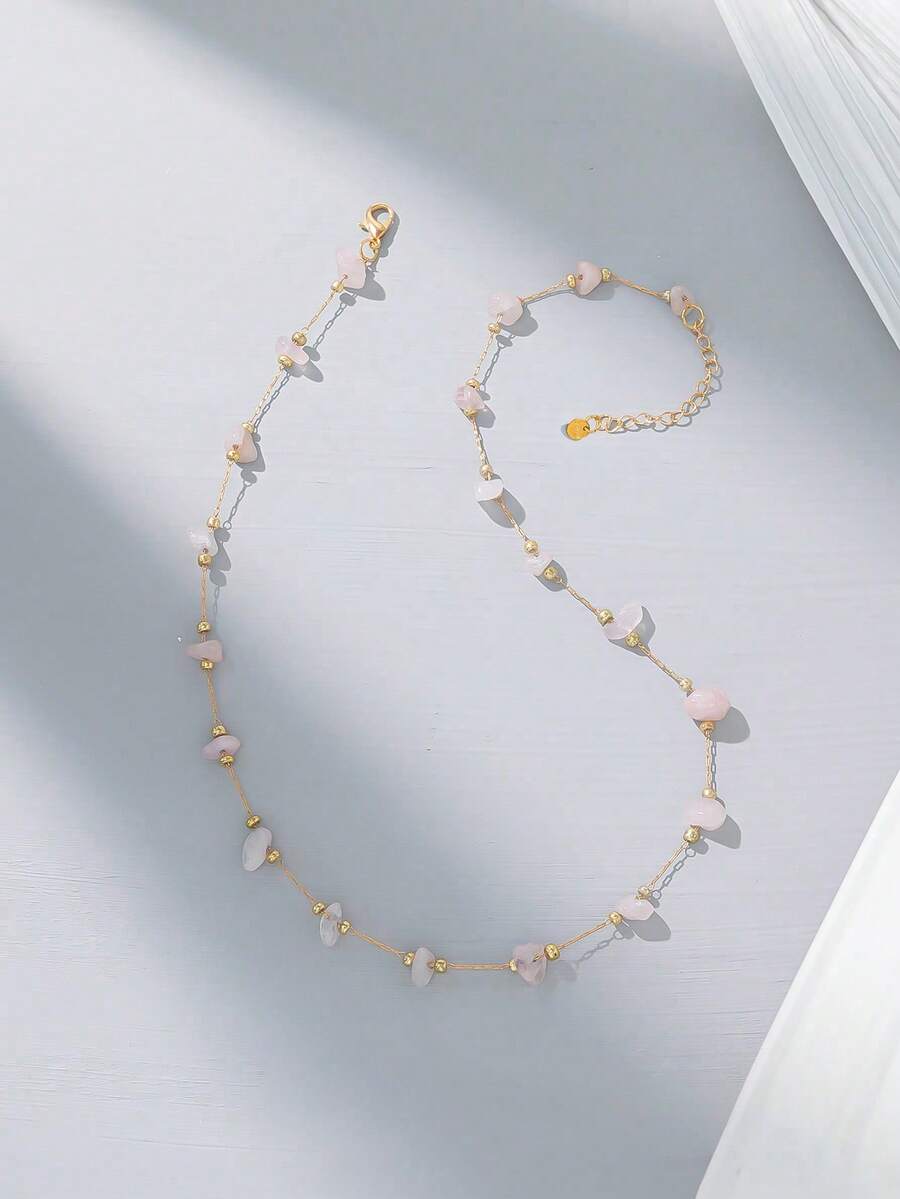 1pc Handmade Asymmetrical Crushed Stone Stainless Steel Necklace (Stone Color And Quantity May Vary) - Stainless Steel Powder Crystal - View 1