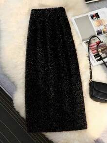 女式毛绒闪亮开衩下摆百搭修身半身裙 - 黑色 - 查看 1