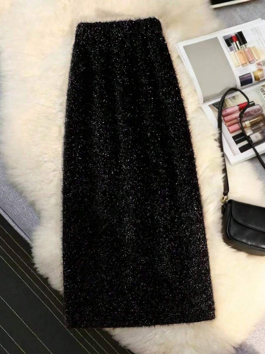 女式毛绒闪亮开衩下摆百搭修身半身裙 - 黑色 - 查看 1