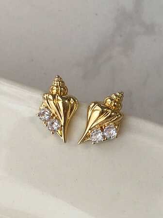 1 Pair Fashionable Small Diamond & Golden Shell Stud Earrings, Suitable For Women's Daily Wear, Gift For Friends, Sisters, Jewelry