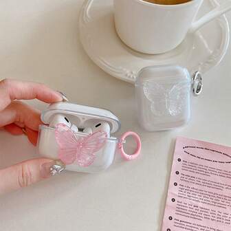 1pc Minimalist Pastel Pink Butterfly Transparent Anti-Drop Earphone Case + Carabiner Bluetooth Earphone Case Protector Compatible With Apple 1st/2nd/3rd/Pro/Pro 2nd Generation, Creative Design For New 4th Generation