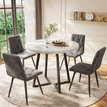 Round Dining Table (1 Piece), Kitchen Table, Unique Metal Frame, Dining Table With Modern Marble Pattern, Suitable For Dining Room, Living Room, White/Black - White - View 3