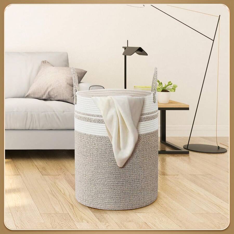 Cesta de Manta, Cesta de Almacenamiento Tejida Decorativa para la Sala de Estar Contenedores De Juguetes, Almohadas, Ropa (Beige-H50) - Gris claro-H50 - Ver 1